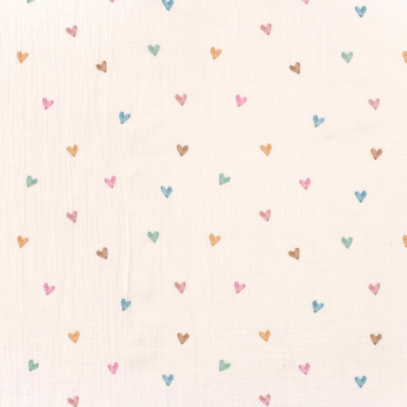 Muslin/Dubbel-krinkelväv färgglada hjärtan Digitaltryck – vit,  image number 1