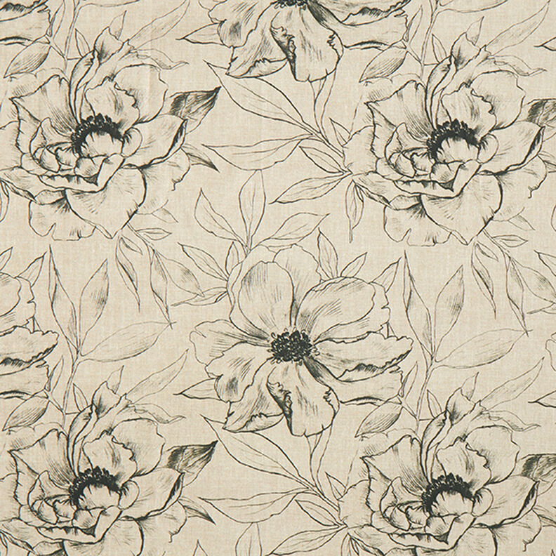 Dekorationstyg Halvpanama tecknade blommor – anemon/svart,  image number 1