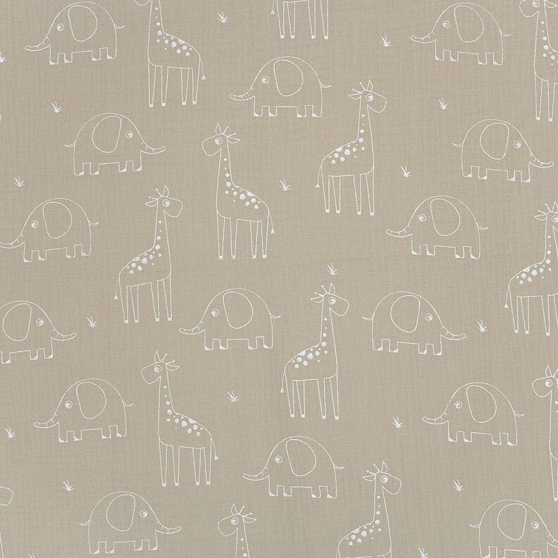 Muslin/Dubbel-krinkelväv stora giraffer och elefanter – sidengrå,  image number 1