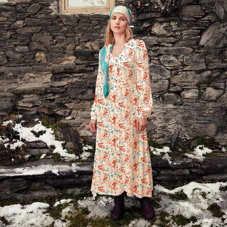 LENZING™ ECOVERO™ viskostyg Fåglar och älvor | Katia Fabrics – kräm/eldröd, image number 5