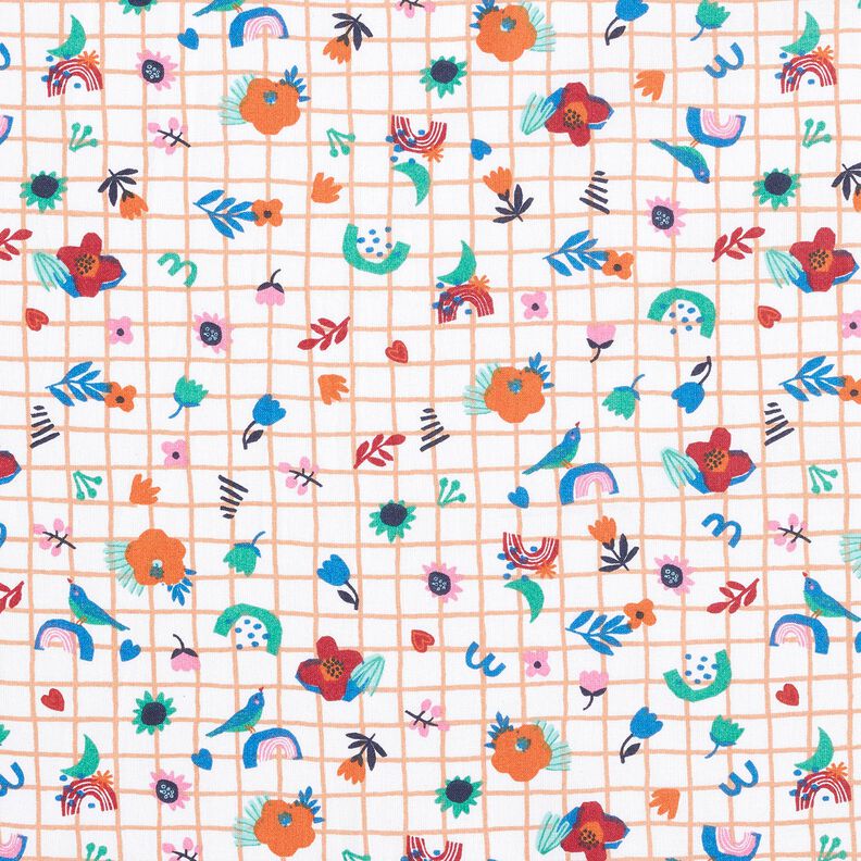 Bomullstyg Kretong rutor med blommor – vit/pepparmynta,  image number 1