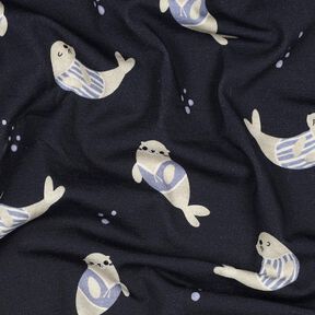 GOTS Bomullsjersey Sälar Digitaltryck | Poppy Fabrics – nattblå/anemon, 