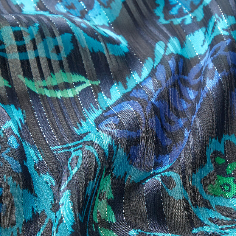 Chiffongsatin glitterränder paisleyblommor – turkos/svart, image number 3
