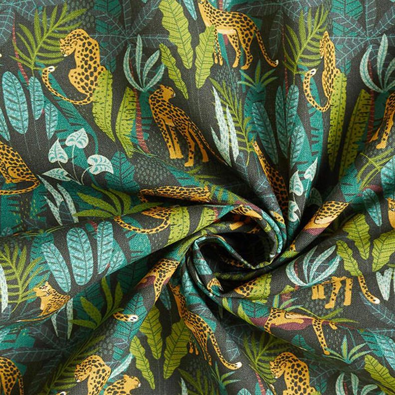 Dekorationstyg Bomullspoplin Leoparder i djungeln – grön/gul,  image number 3