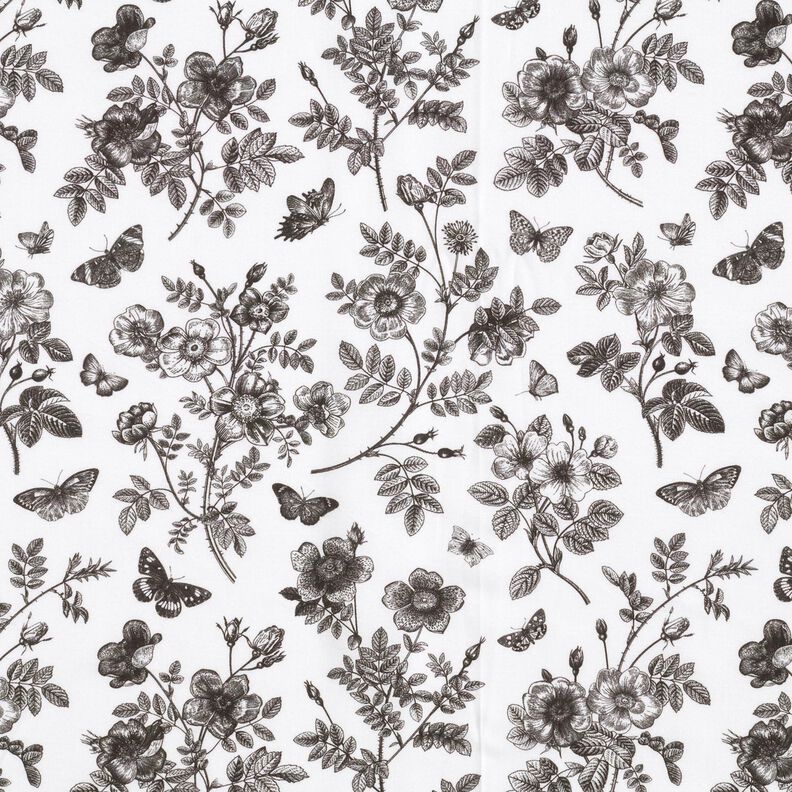 Viskostyg Blommor och fjärilar – vit/svart,  image number 1
