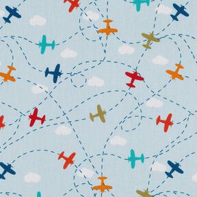 Bomullspoplin Flygplan i himlen – ljusblått, 