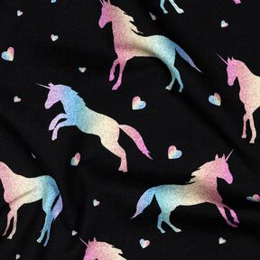 Bomullsjersey regnbågs-enhörningar Digitaltryck | Poppy Fabrics – svart, 