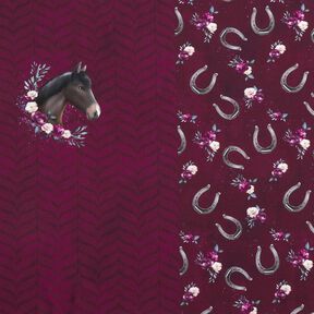 Bomullsjersey Blommor hästar Panel | Glitzerpüppi – bordeauxröd, 