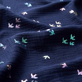 Muslin/Dubbel-krinkelväv Svalor Folietryck | Poppy Fabrics – nattblå/färgmix, 