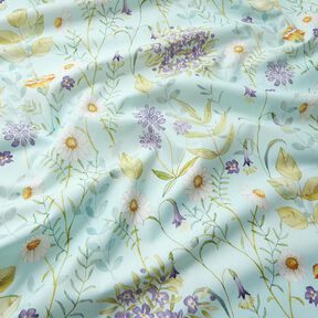 Bomullstyg Poplin vilda blommor – ljus mint/lavender, 