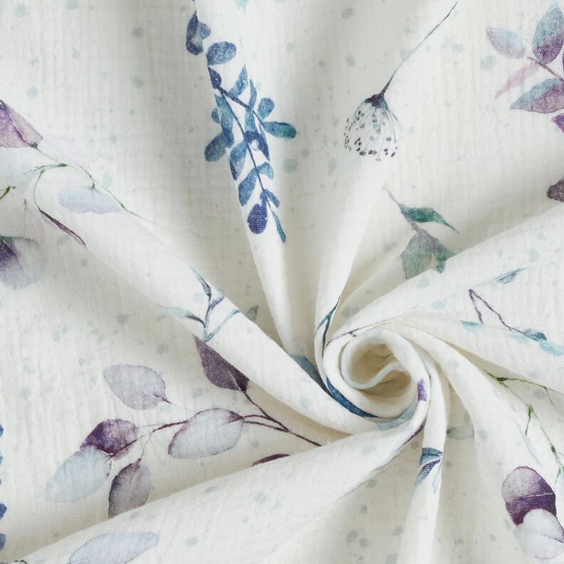 Muslin/Dubbel-krinkelväv Eukalyptusgrenar akvarell – yllevit/aquablått,  image number 3