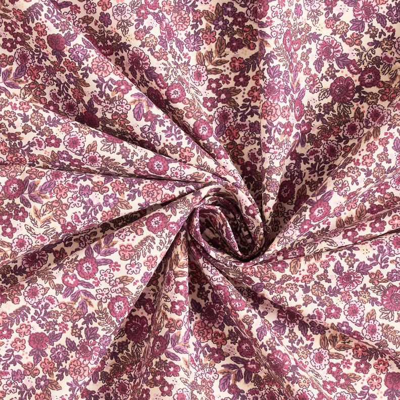 Bomullstyg Kretong Spridda blommor – kräm/druva, image number 3