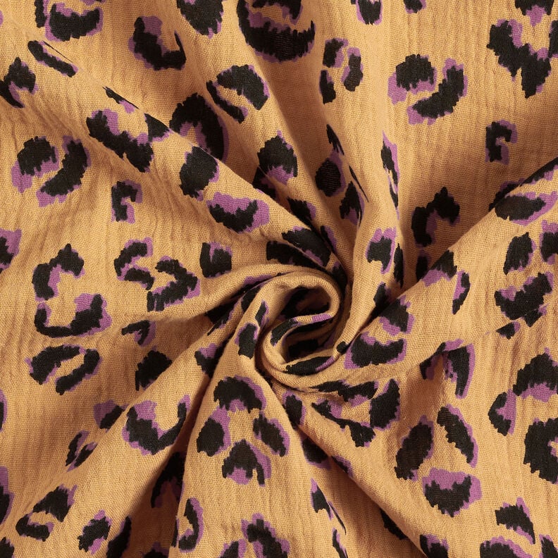 Muslin/Dubbel-krinkelväv Leopardmönster – gammalguld/rödlila, image number 3
