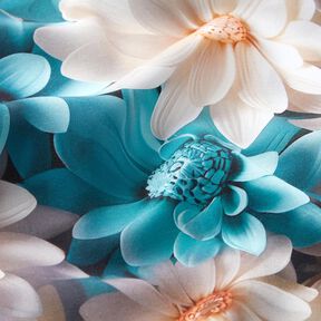 Viskostyg Kamomillblommor digitaltryck &ndash; natur/ljus petrol, 