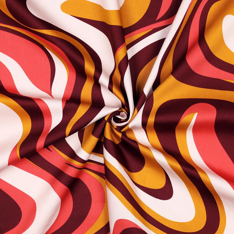 Bomullssatin Retrovågor | Poppy Fabrics – bordeauxrött/currygul,  image number 3