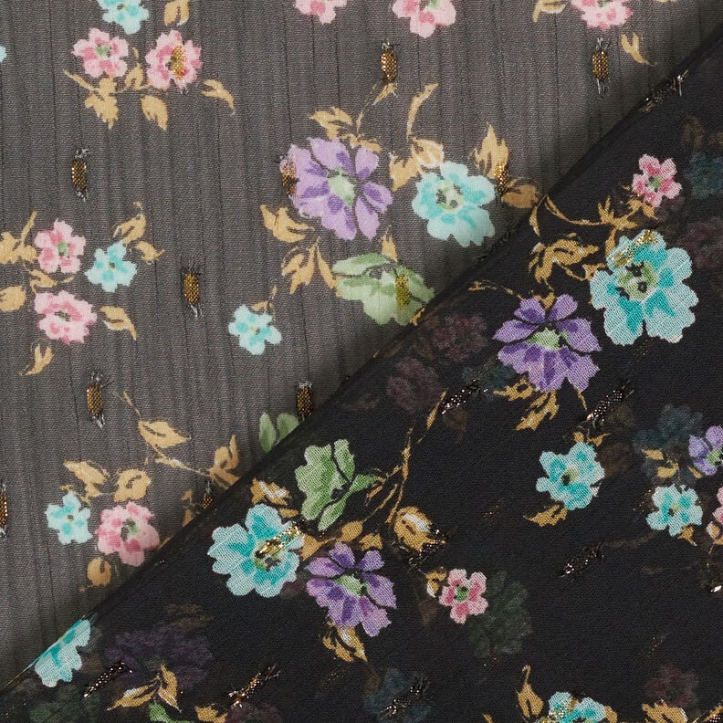 Crepe-chiffong Dobby & Blommor – svart/ljusblå, image number 4