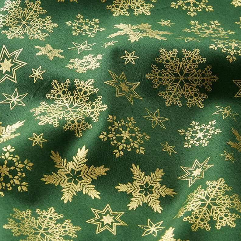 Bomullstyg Poplin snökristaller – grön/guld,  image number 2