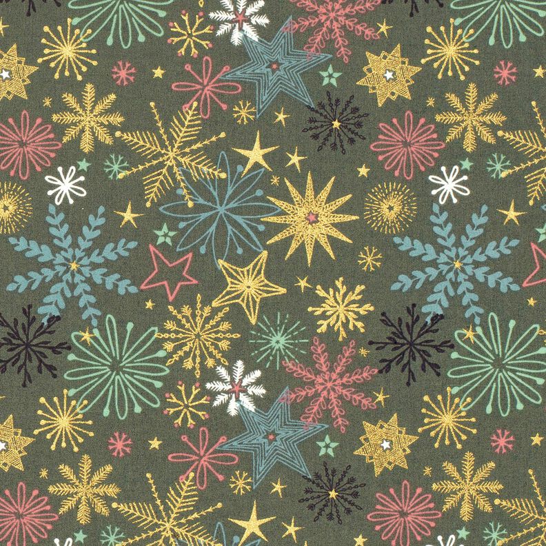 Bomullstyg Poplin stjärnmix – mörk furu/guld, image number 1