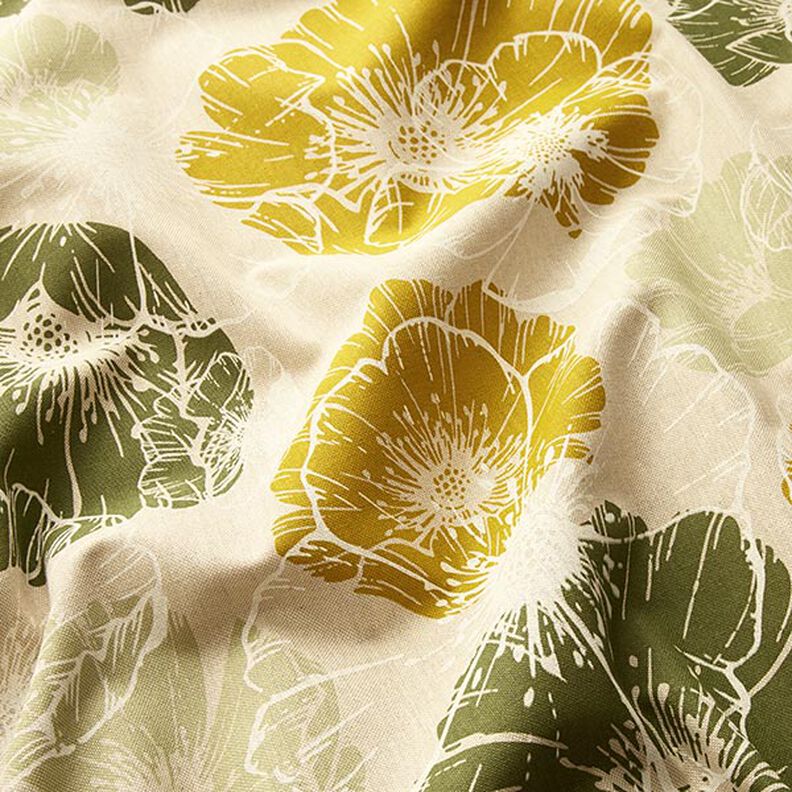 Dekorationstyg Halvpanama Imponerande blommor – gul oliv/natur,  image number 2