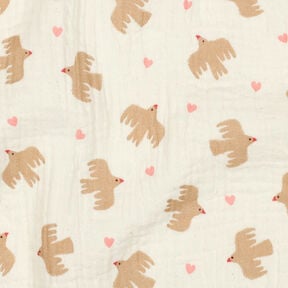 GOTS Muslin/Dubbel-krinkelväv Fåglar och hjärtan | Poppy Fabrics – yllevit, 