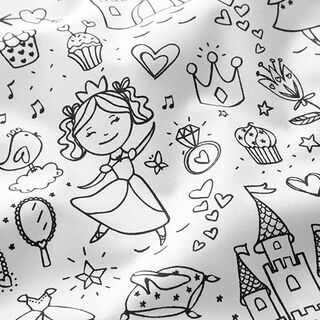 Tyg att färglägga Poplin Liten prinsessa – vit/svart, 