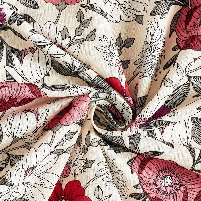 Bomullstyg Kretong färgglada blommor – druva/natur,  image number 3