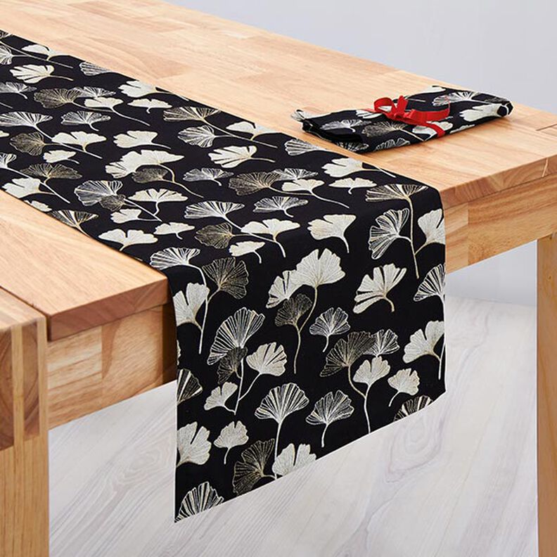 Dekorationstyg Jacquard Ginkgoblad – svart/guld, image number 10
