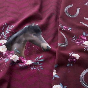 Bomullsjersey Blommor hästar Panel | Glitzerpüppi – bordeauxröd, 