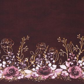 Bomullsjersey Brodyrtyg blommor i guldglitter | Glitzerpüppi – bordeauxröd/pastellfläder, 