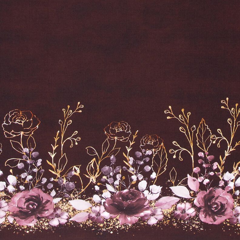 Bomullsjersey Brodyrtyg blommor i guldglitter | Glitzerpüppi – bordeauxröd/pastellfläder,  image number 1