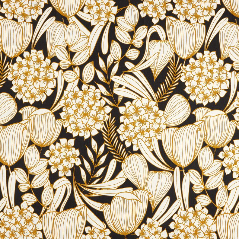 Bomullssatin tropiska blommor – svart,  image number 1