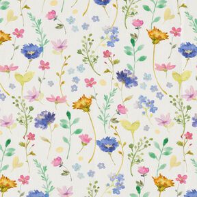 Dekorationstyg Bomullskypert ängsblommor – elfenbensvit/blålila, 