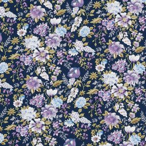 Bomullspoplin romantisk blomsteräng – marinblått/lavender, 