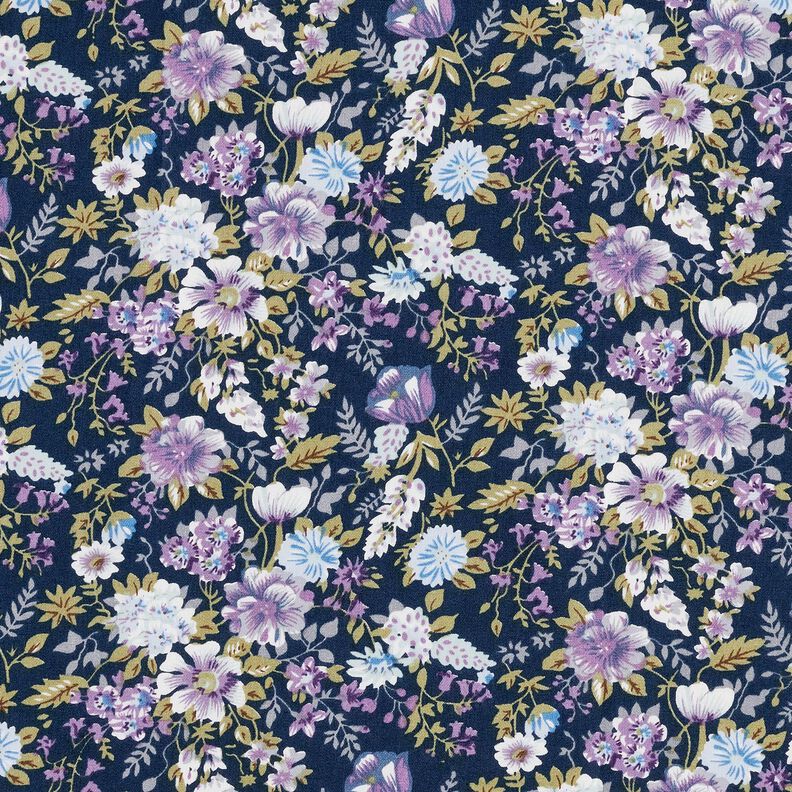Bomullspoplin romantisk blomsteräng – marinblått/lavender,  image number 1
