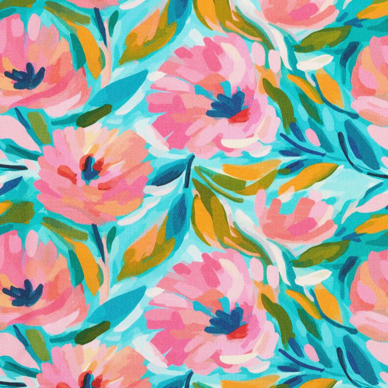 Dekorationstyg Bomullskypert målade blommor  – rosa/turkos,  image number 1