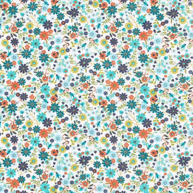 Bomullstyg Kretong spridda blommor – petrol/vit,  image number 1