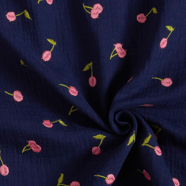 Muslin/Dubbel-krinkelväv Broderade körsbär | Poppy Fabrics – nattblå/rosa,  image number 3