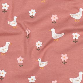 Bomullsjersey Gäss på blomsterängen | Poppy Fabrics – mörk gammelrosa/vit, 