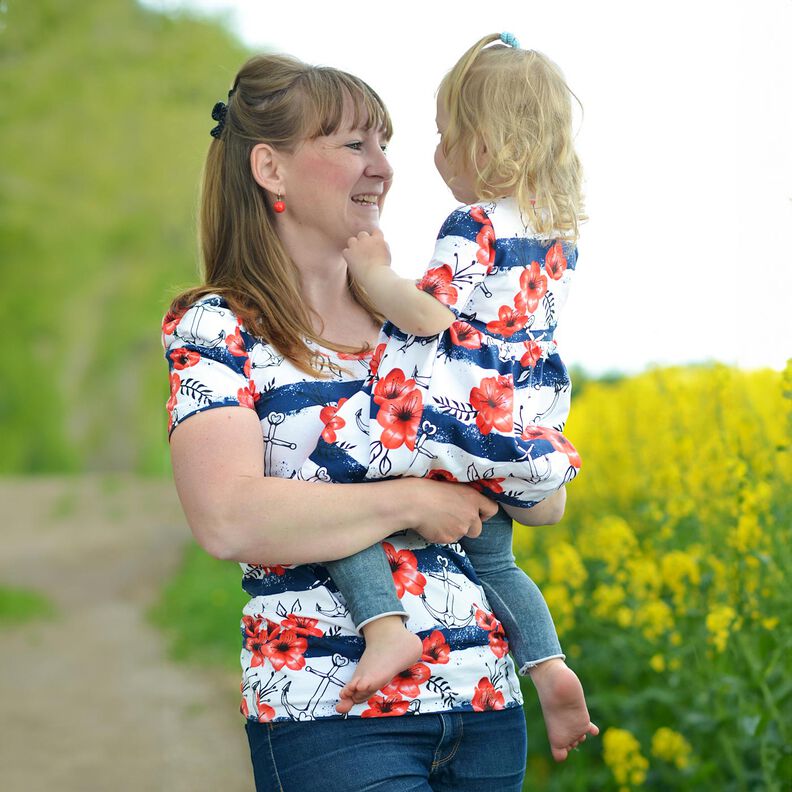 Bomullsjersey Ränder med blommor & ankare | Glitzerpüppi – vit/chiliröd,  image number 7