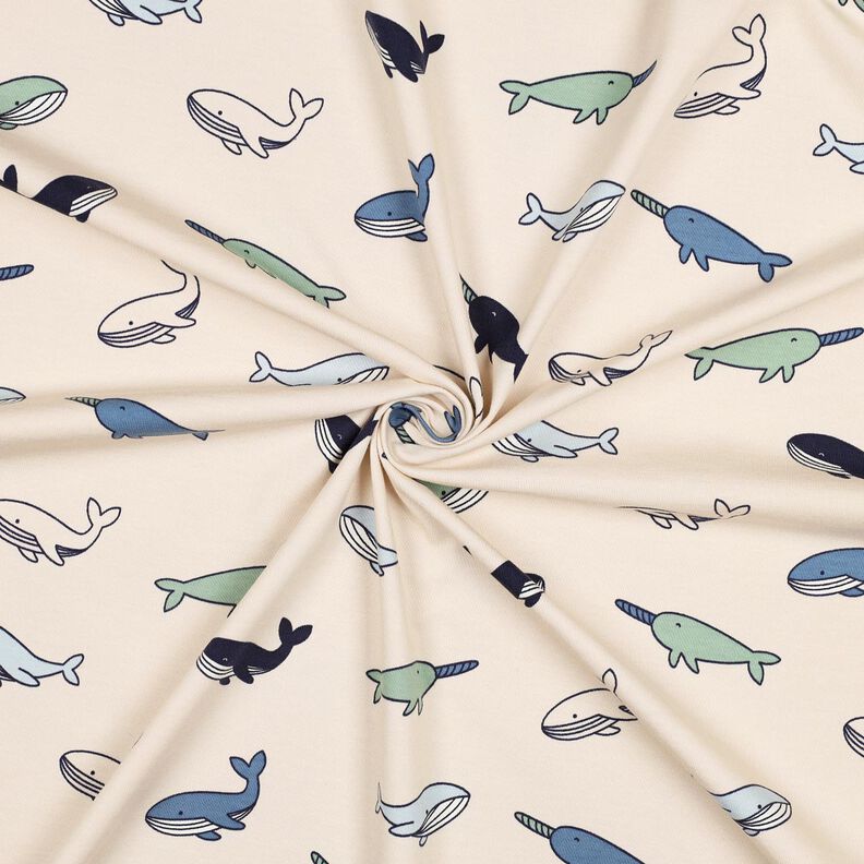 Bomullsjersey Söta valar | Poppy Fabrics – cashew/marinblått,  image number 3