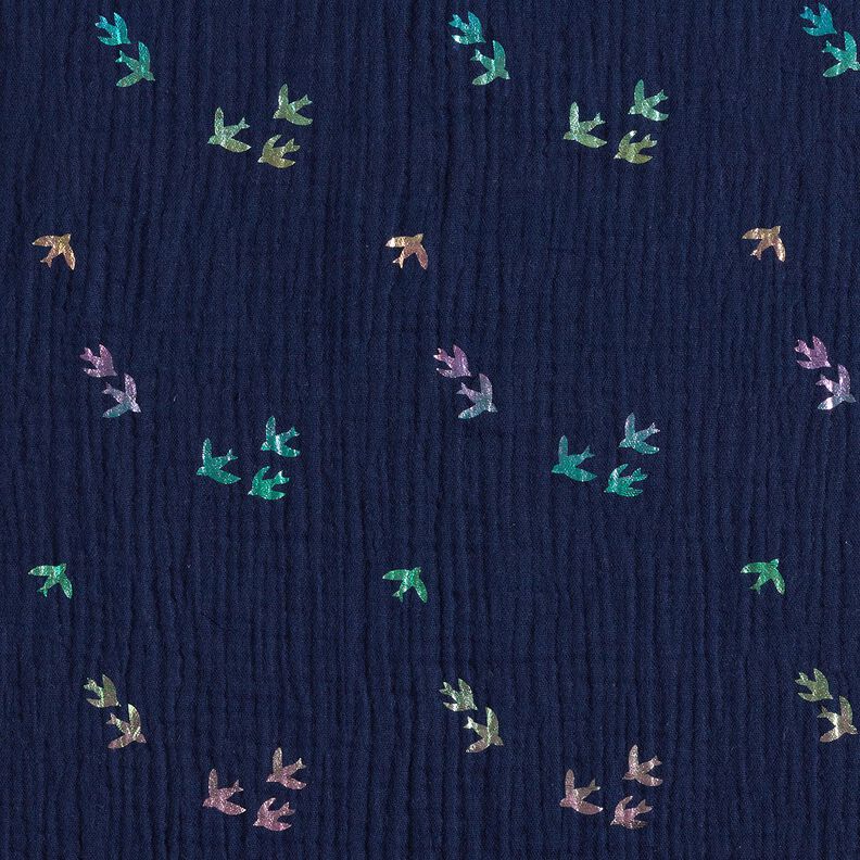 Muslin/Dubbel-krinkelväv Svalor Folietryck | Poppy Fabrics – nattblå/färgmix,  image number 1