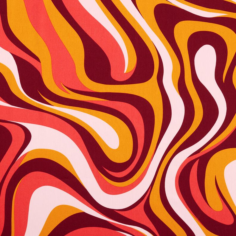 Bomullssatin Retrovågor | Poppy Fabrics – bordeauxrött/currygul,  image number 1