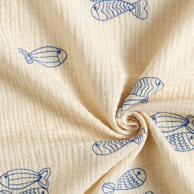 Muslin/Dubbel-krinkelväv Broderade fiskar | Poppy Fabrics – yllevit/kungsblått,  image number 3