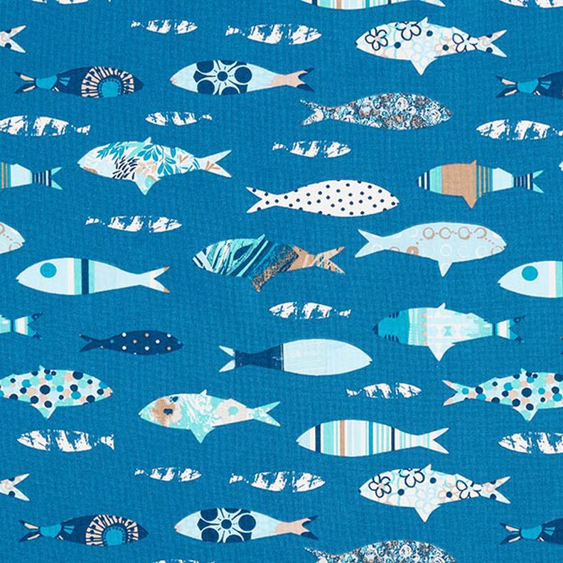 Bomullstyg Kretong abstrakta fiskar – blå,  image number 1