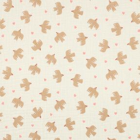 GOTS Muslin/Dubbel-krinkelväv Fåglar och hjärtan | Poppy Fabrics – yllevit, 