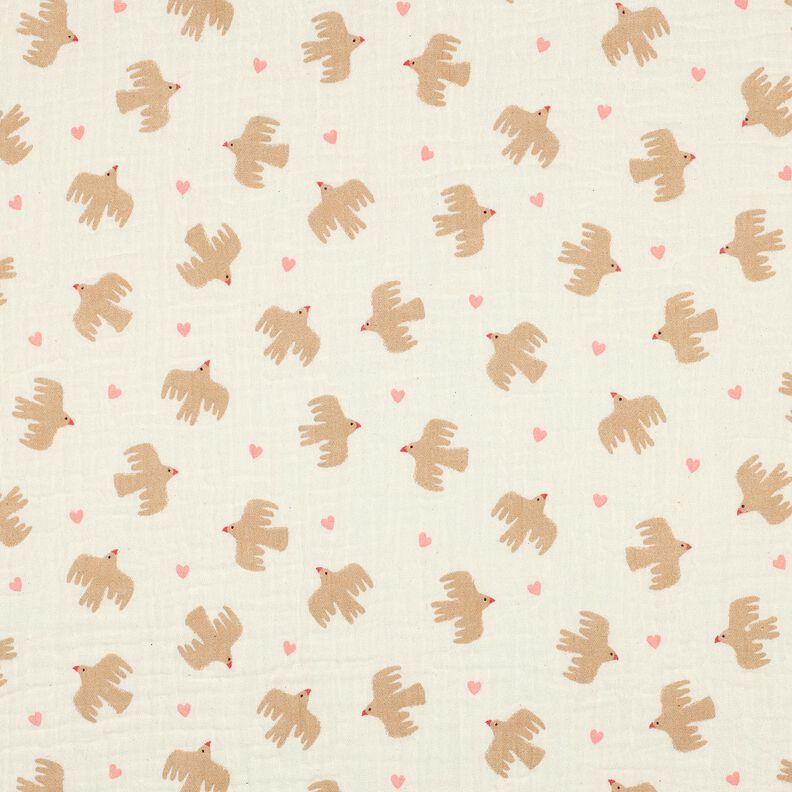 GOTS Muslin/Dubbel-krinkelväv Fåglar och hjärtan | Poppy Fabrics – yllevit, image number 1
