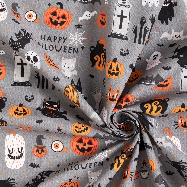 Bomullstyg Poplin Happy Halloween – elefantgrå/ljusorange,  image number 3