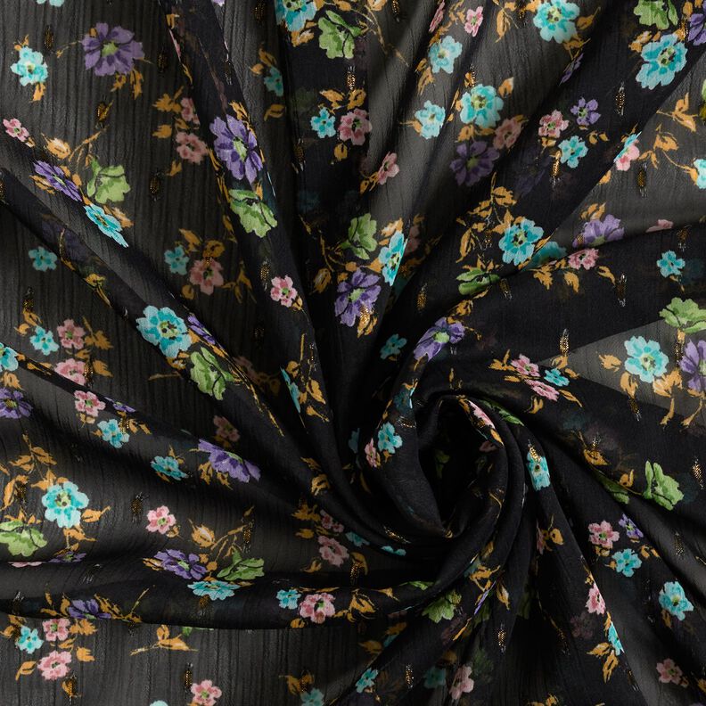 Crêpe Chiffong blommor och gulddroppar – svart/guldmetallic,  image number 3