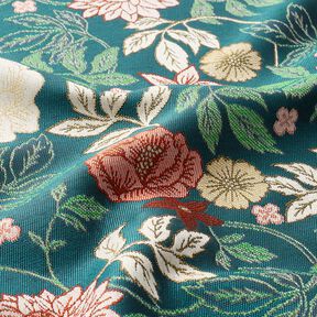 Dekorationstyg Jacquard Vintageblommor – petrol/mörkröd, 