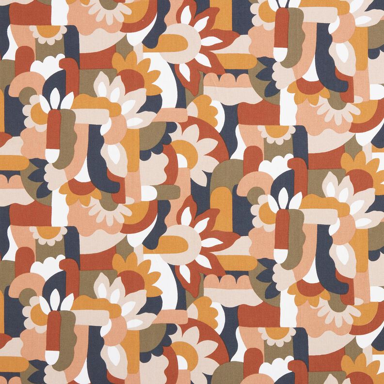 Dekorationstyg Halvpanama abstrakta retroblommor – vit/koppar, image number 1